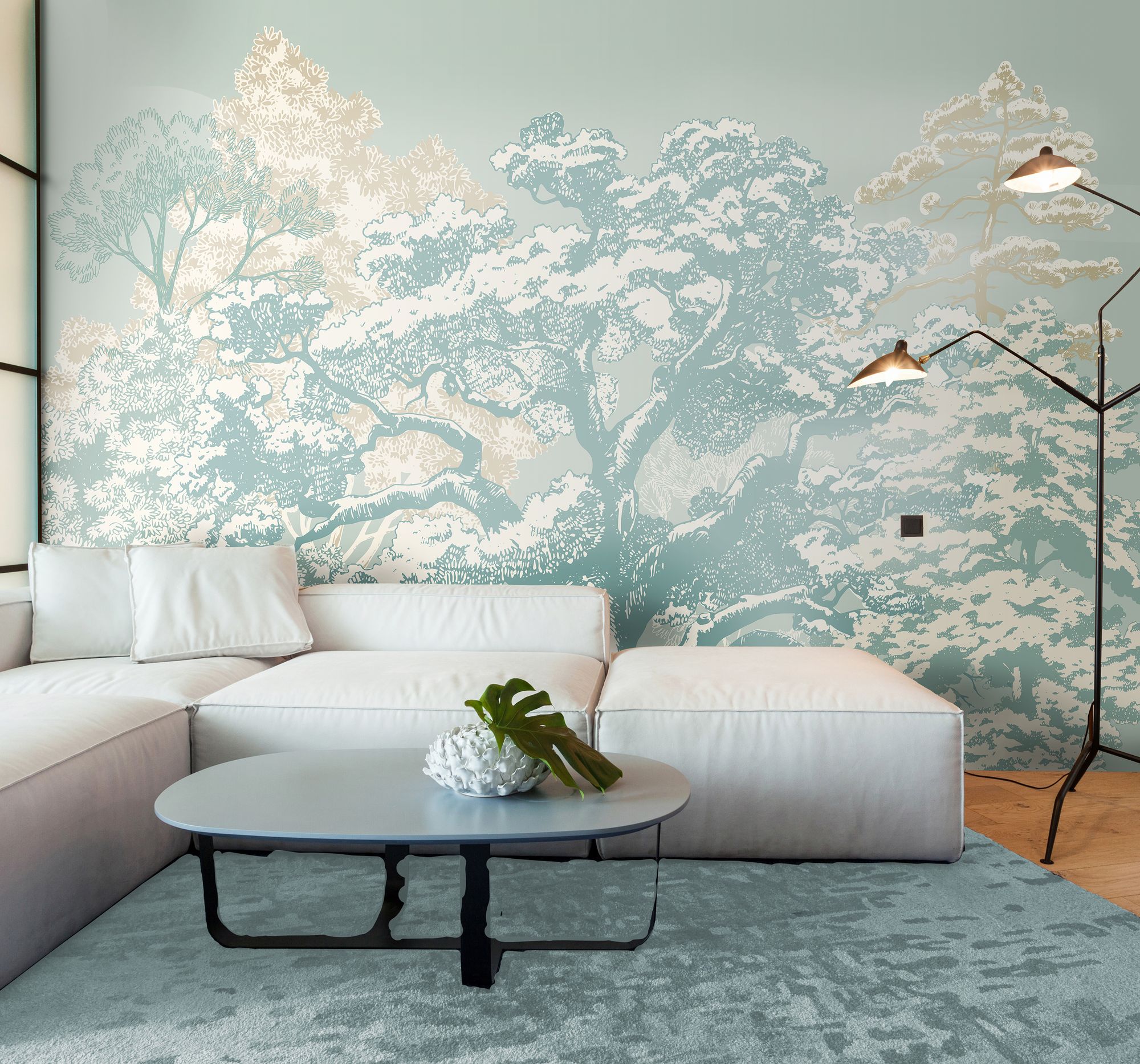 MUR433L Etched Trees Duck Egg Blue Mural Large by Origin Murals