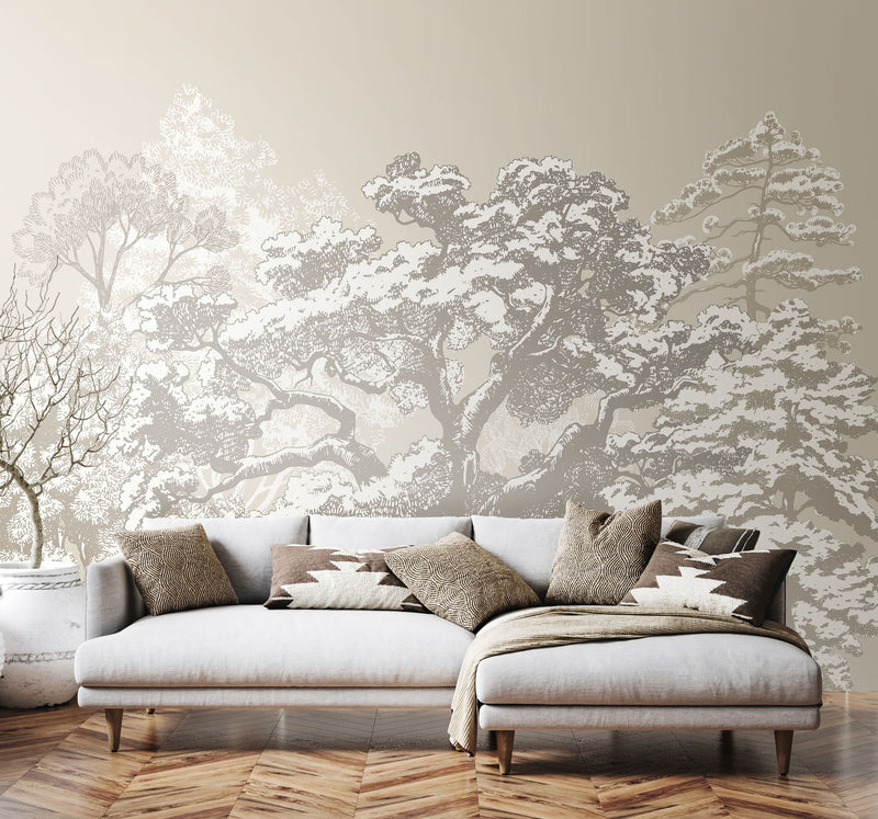 MUR434L Etched Trees Charcoal And Stone Mural Large by Origin Murals