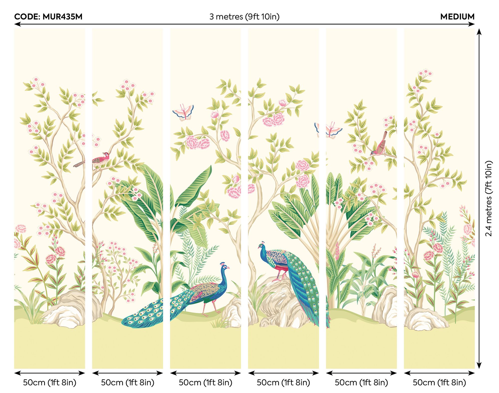 MUR435M Peacock Garden Apple And Rose Mural Medium by Origin Murals