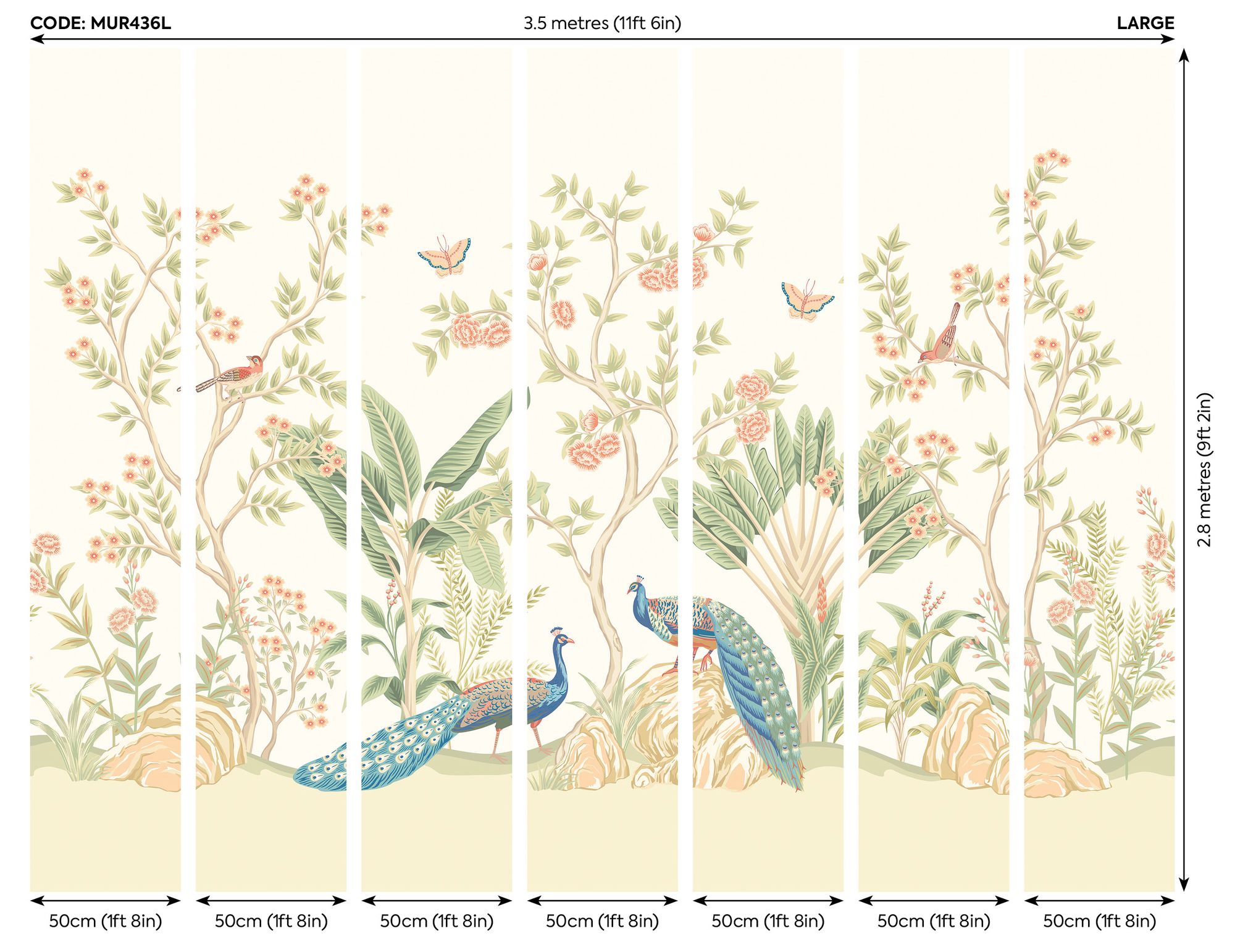 MUR436L Peacock Garden Sage And Apricot Mural Large by Origin Murals