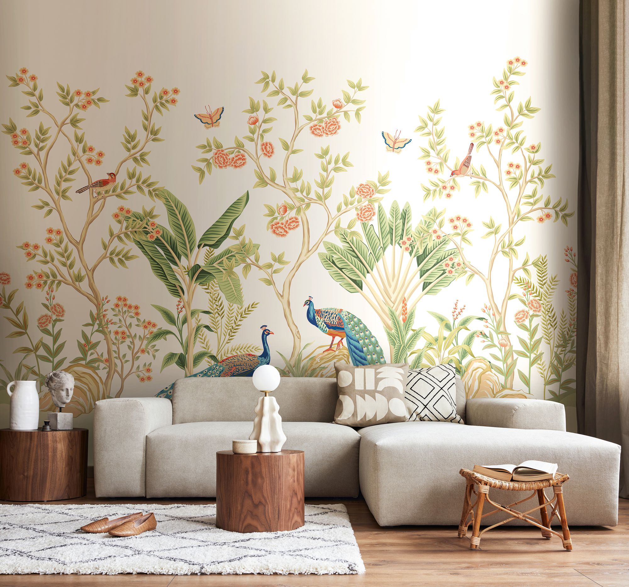 MUR436L Peacock Garden Sage And Apricot Mural Large by Origin Murals