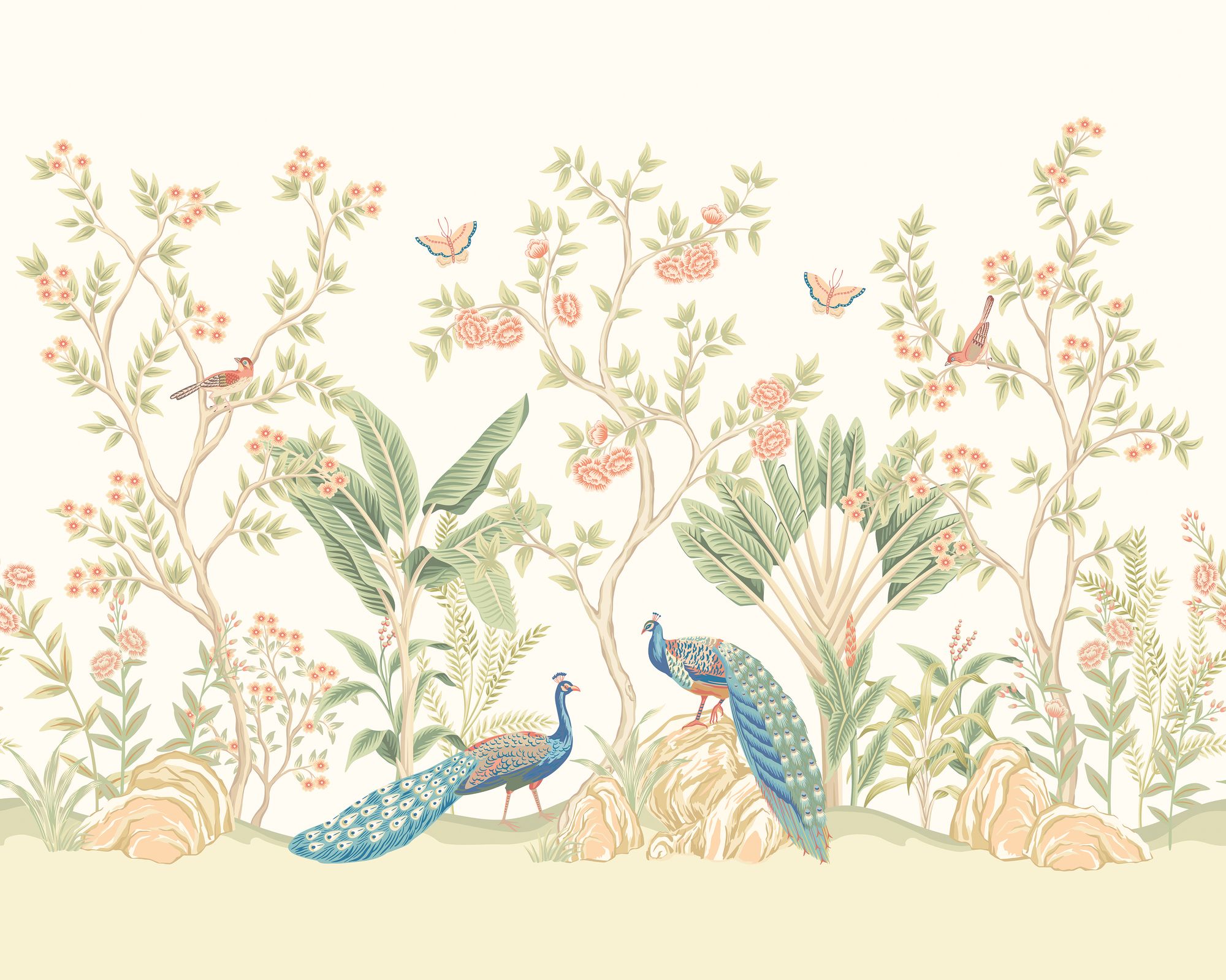 MUR436M Peacock Garden Sage And Apricot Mural Medium by Origin Murals