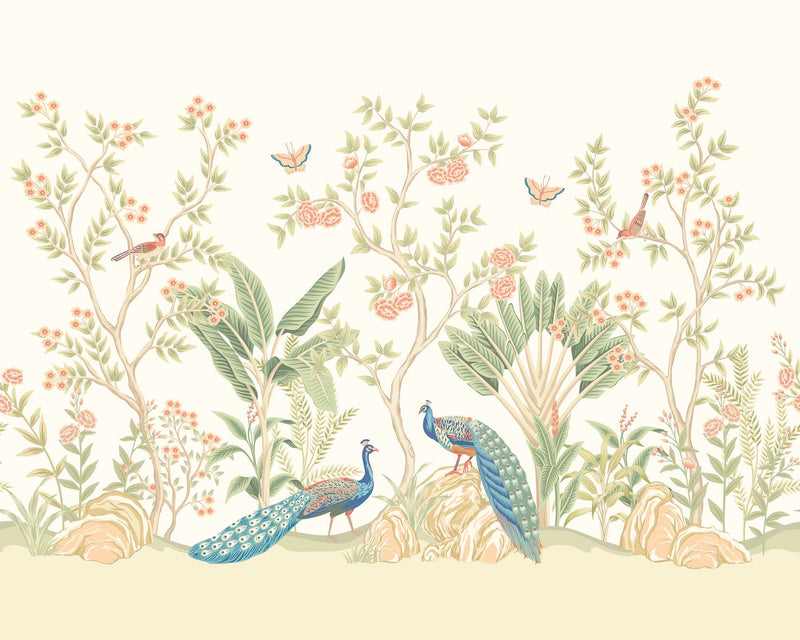 MUR436M Peacock Garden Sage And Apricot Mural Medium by Origin Murals