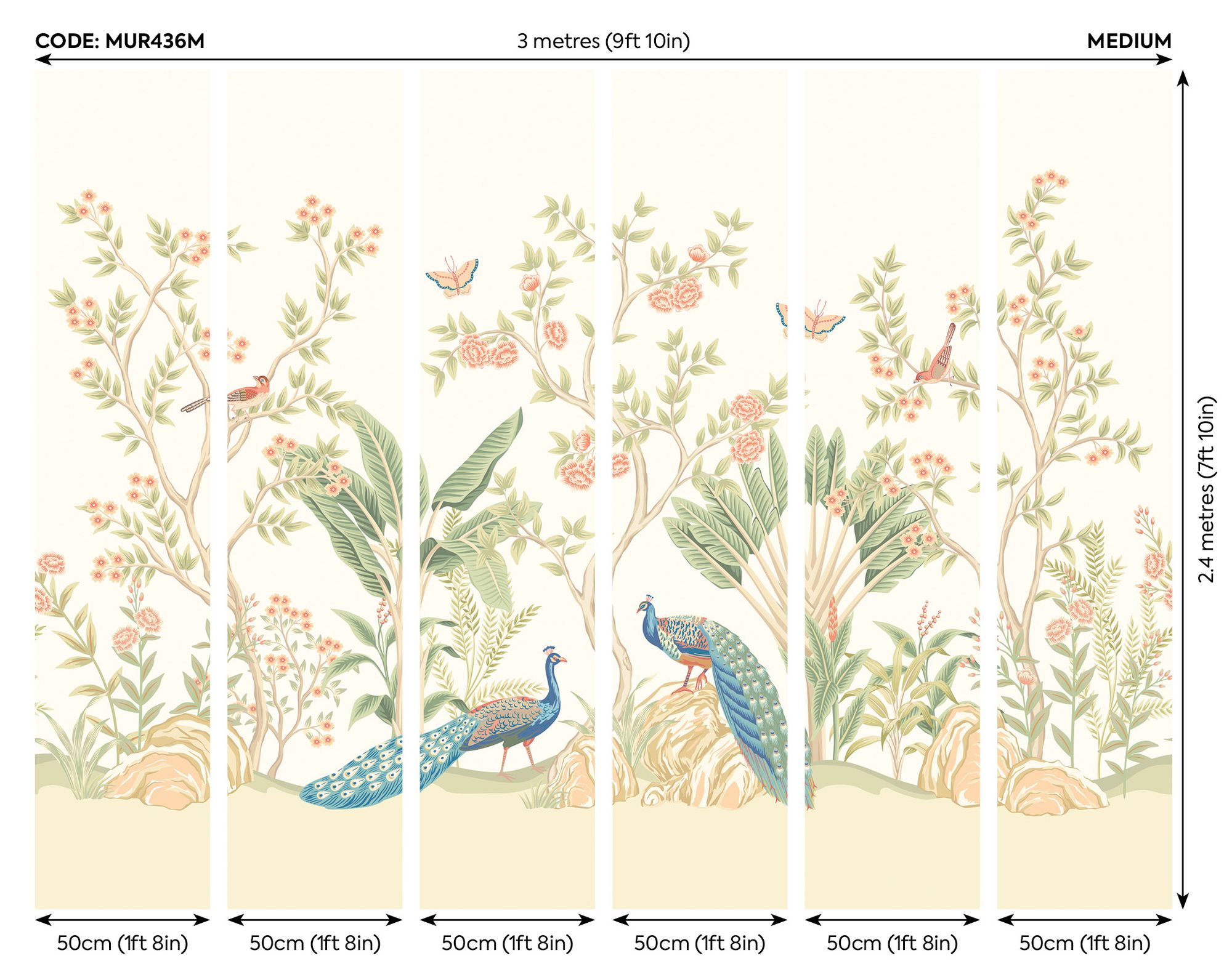 MUR436M Peacock Garden Sage And Apricot Mural Medium by Origin Murals