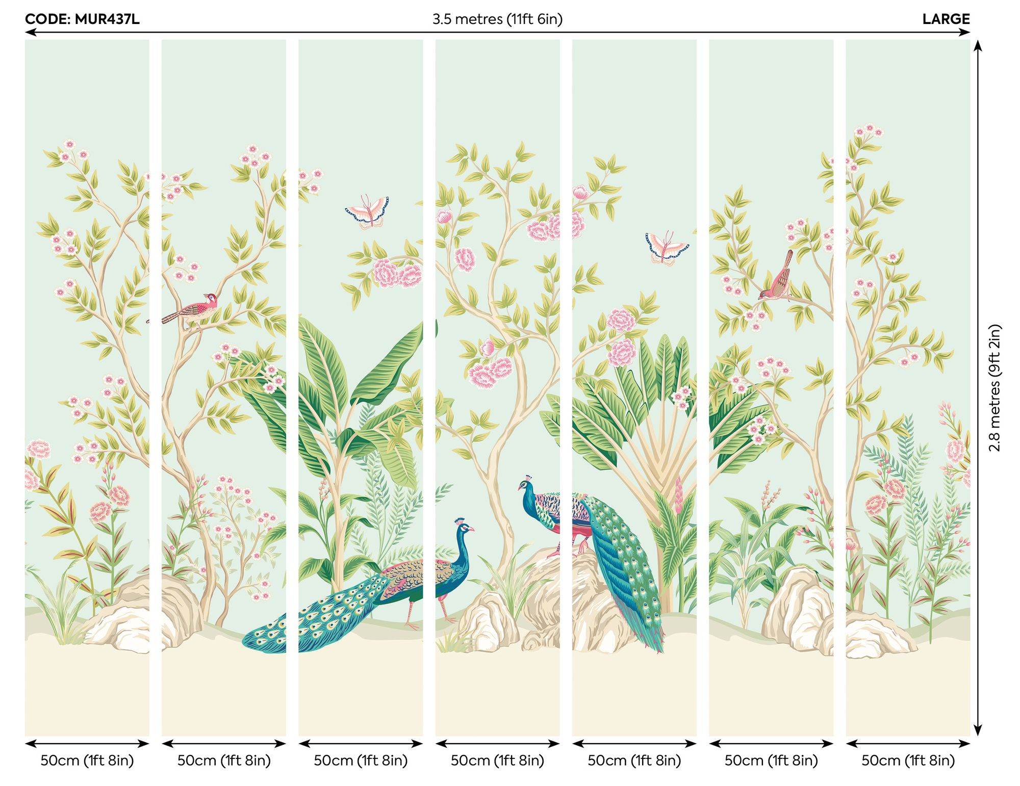 MUR437L Peacock Garden Duck Egg And Rose Mural Large by Origin Murals