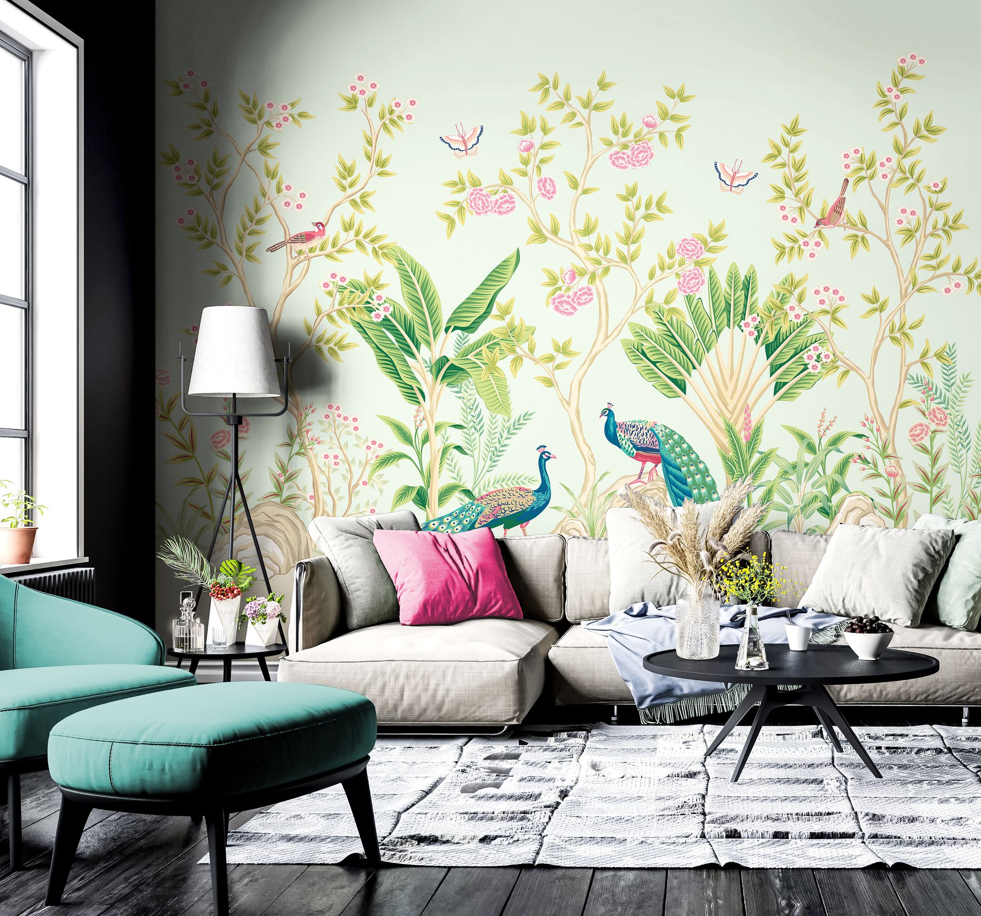 MUR437M Peacock Garden Duck Egg And Rose Mural Medium by Origin Murals