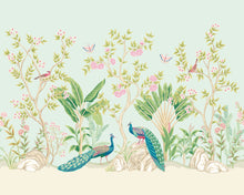 MUR437L Peacock Garden Duck Egg And Rose Mural Large by Origin Murals