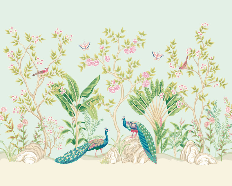 MUR437M Peacock Garden Duck Egg And Rose Mural Medium by Origin Murals