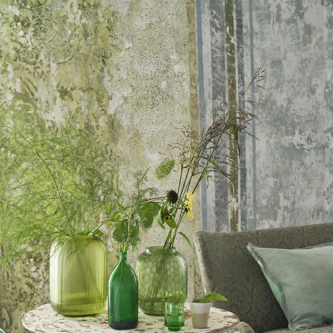 PDG1095/01 La Rotonda Foscari Fresco Scene 1 Olive Wallpaper By Designers Guild