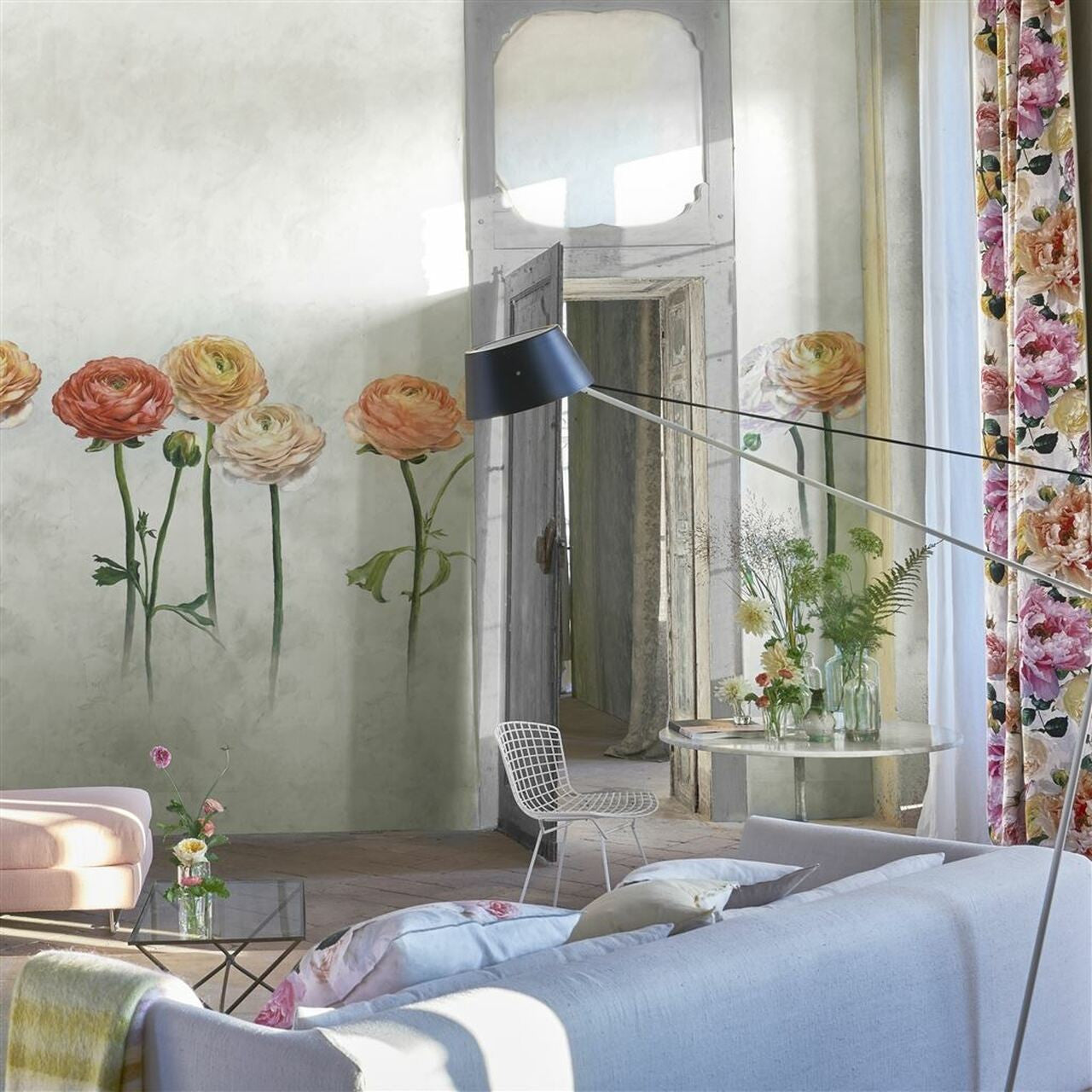 PDG1100/01 Tourangelle Scene 2 Foscari Peony Fresco Wallpaper By Designers Guild