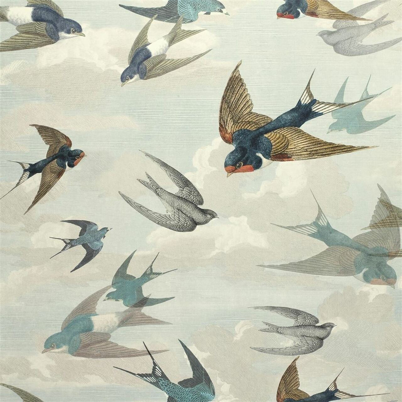 PJD6003/01 Chimney Swallows Sky Blue Picture Book Paper Wallpaper by Designers Guild