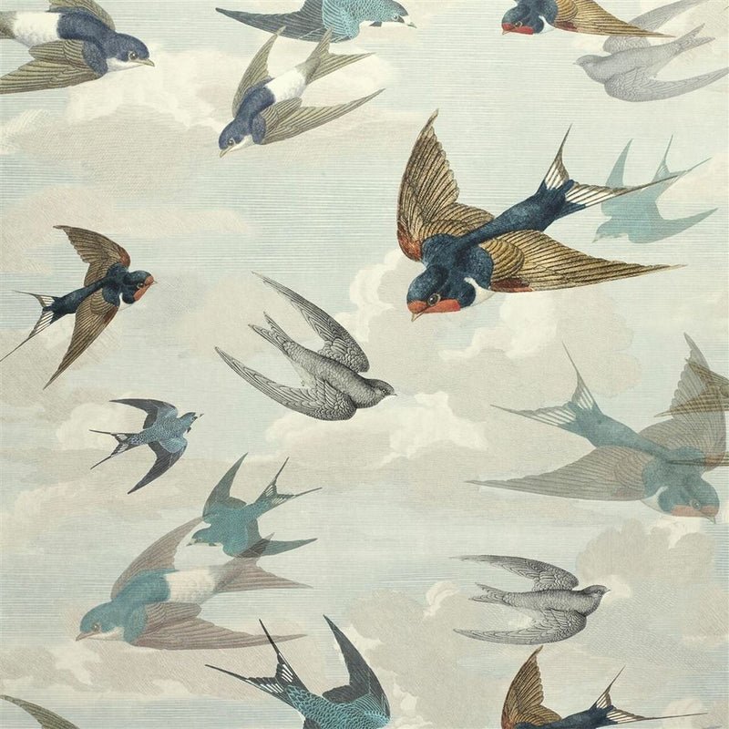 PJD6003/01 Chimney Swallows Sky Blue Picture Book Paper Wallpaper by Designers Guild