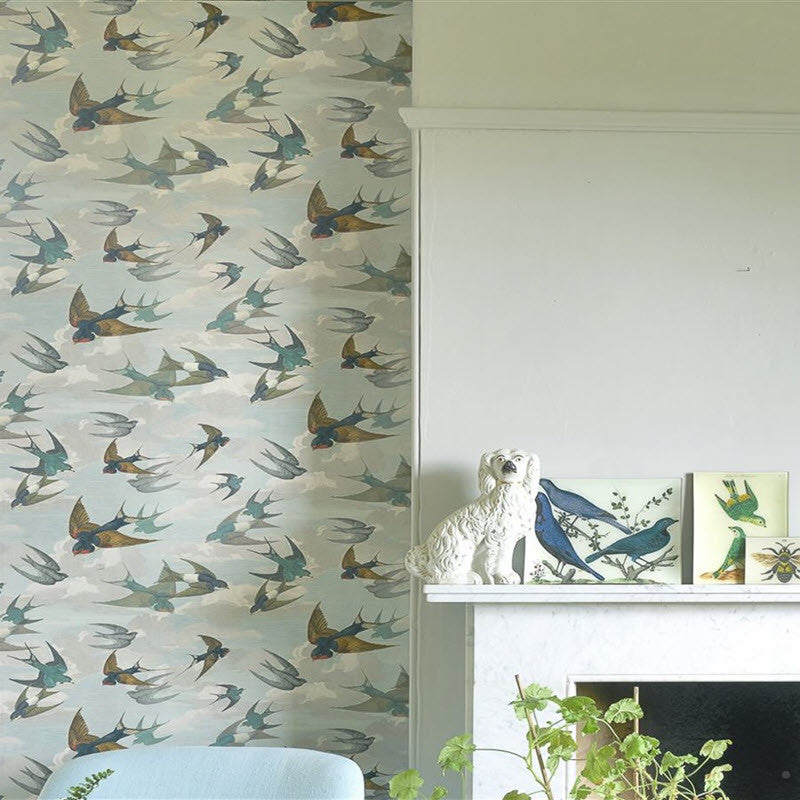 PJD6003/01 Chimney Swallows Picture Book Papers Sky Blue Wallpaper by John Derian