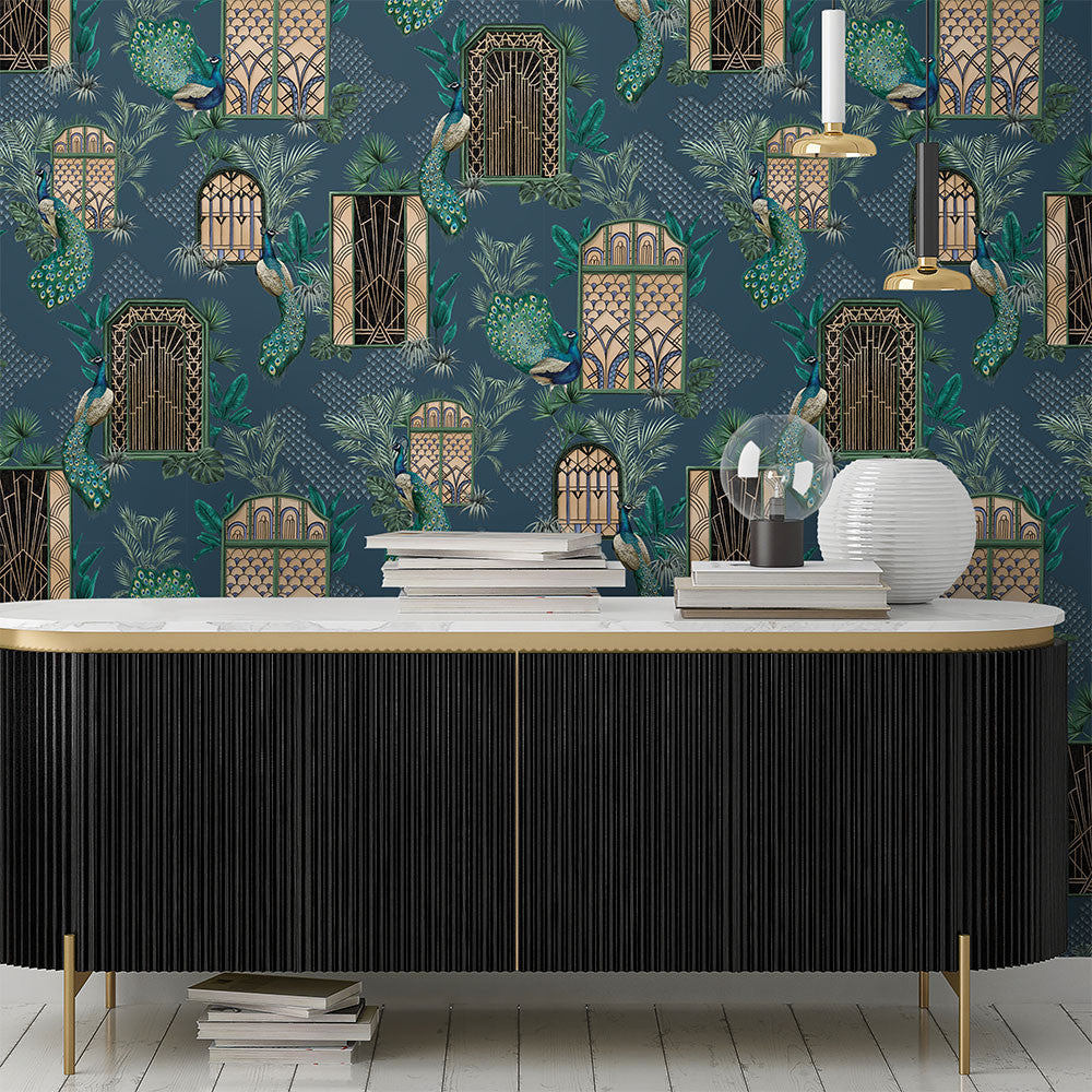 BMHD002/06A Peacock Manor Heart Deco Indigo Wallpaper by Brand McKenzie