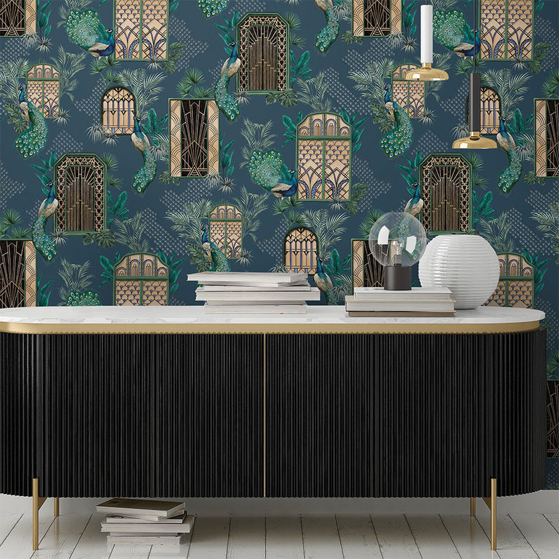 BMHD002/06A Peacock Manor Heart Deco Indigo Wallpaper by Brand McKenzie