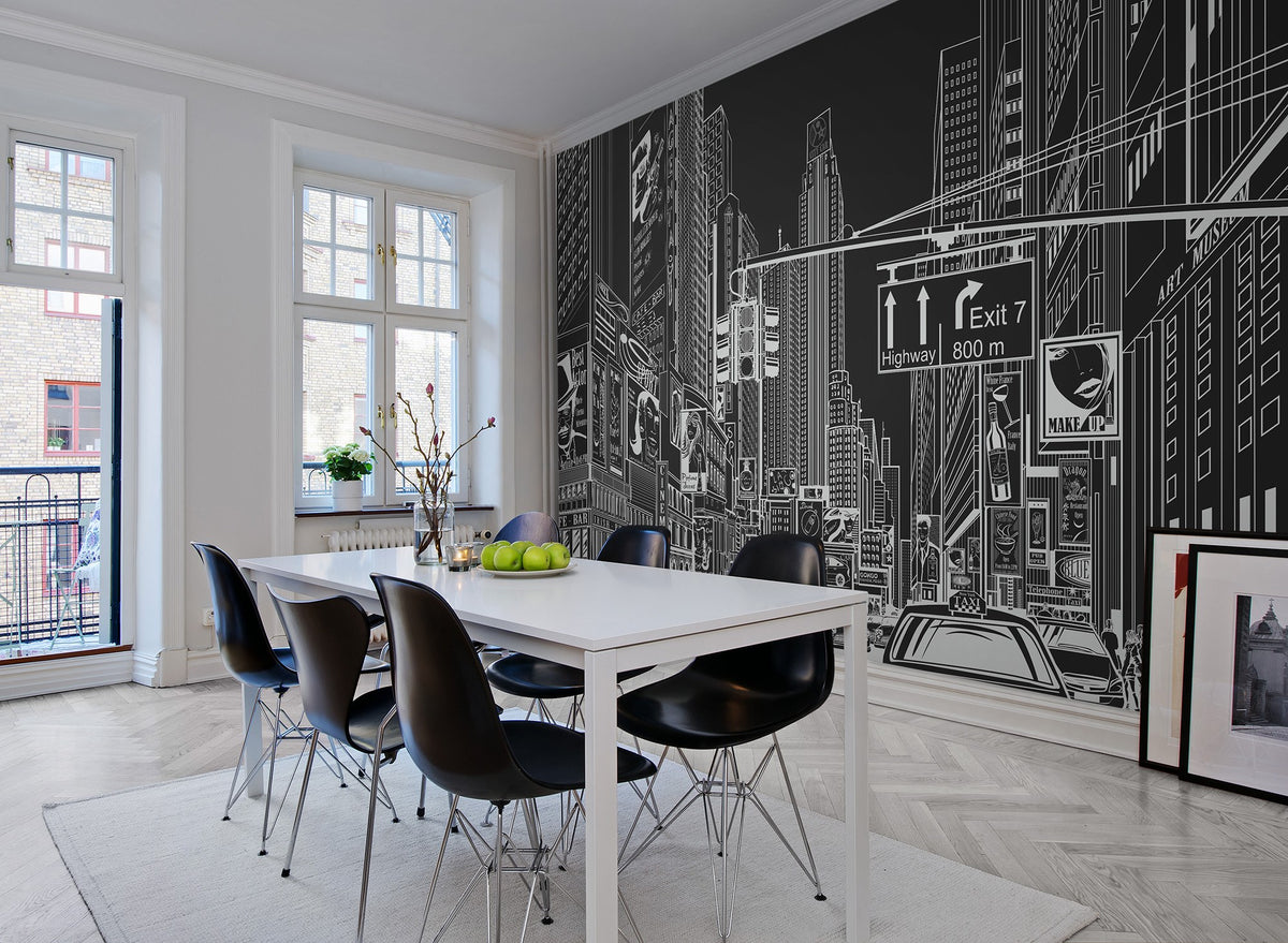 R10622 Cartoon City Black Panorama Mural by Rebel Walls