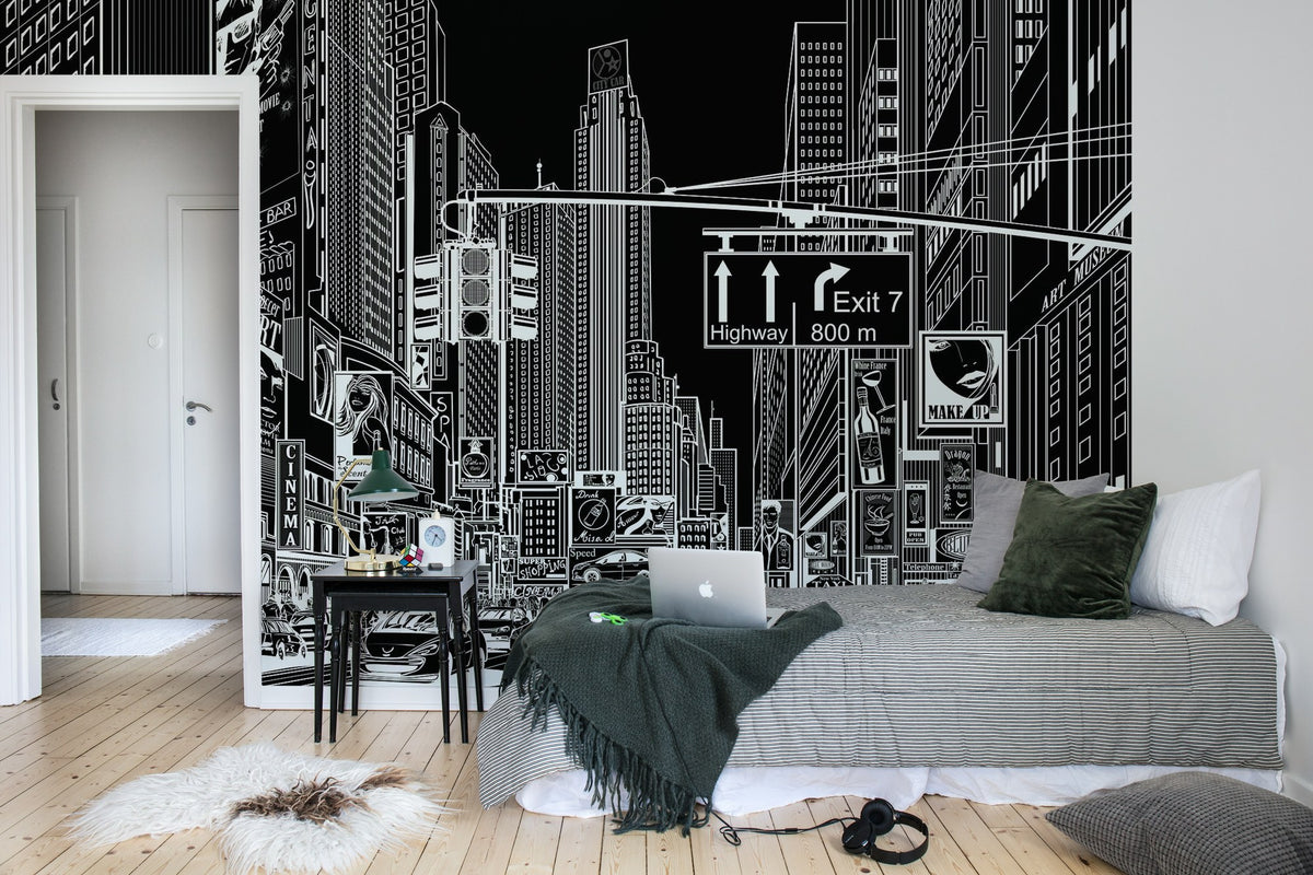 R10622 Cartoon City Black Panorama Mural by Rebel Walls