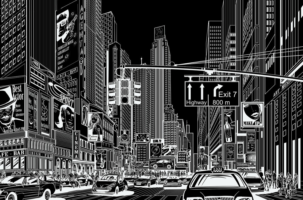 R10622 Cartoon City Black Panorama Mural by Rebel Walls