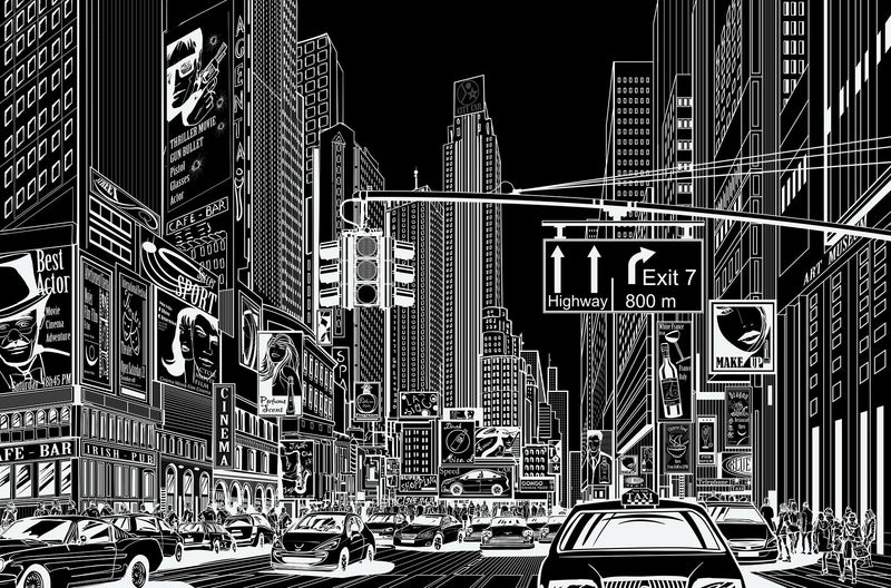 R10622 Cartoon City Black Panorama Mural by Rebel Walls