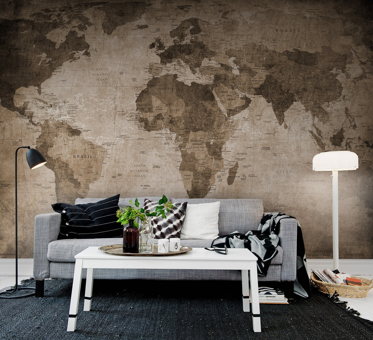 R10772 World Map Brown Panorama Mural by Rebel Walls