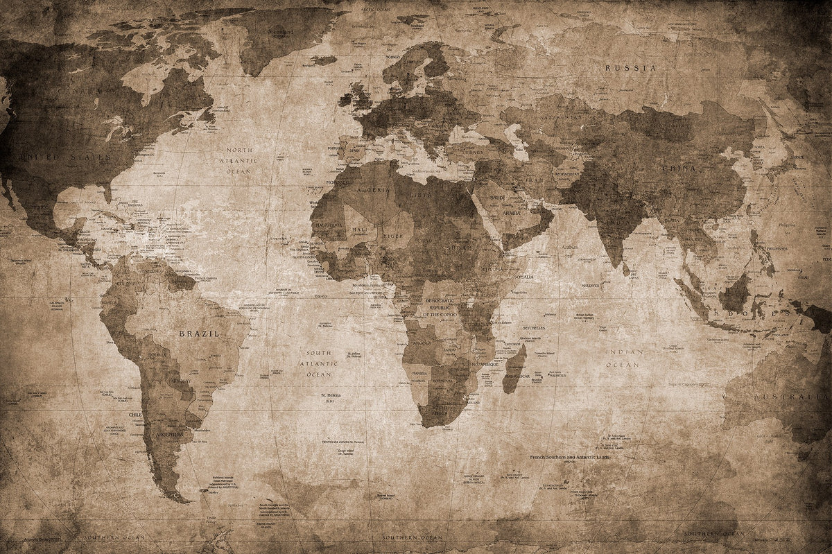 R10772 World Map Brown Panorama Mural by Rebel Walls