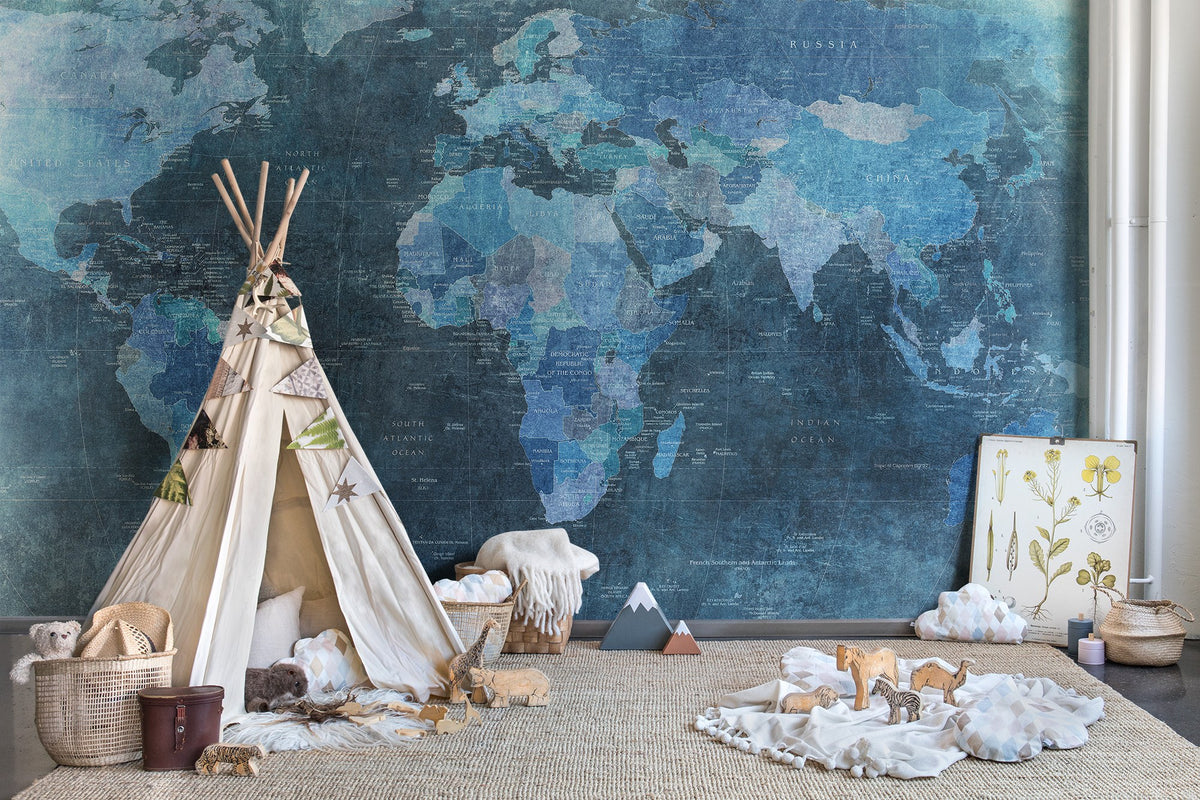 R10773 World Map Blue Panorama Mural by Rebel Walls