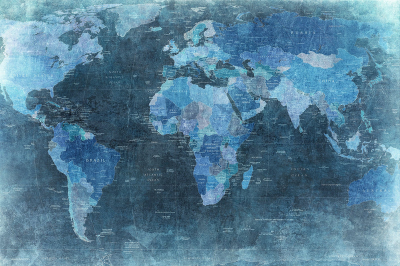 R10773 World Map Blue Panorama Mural by Rebel Walls