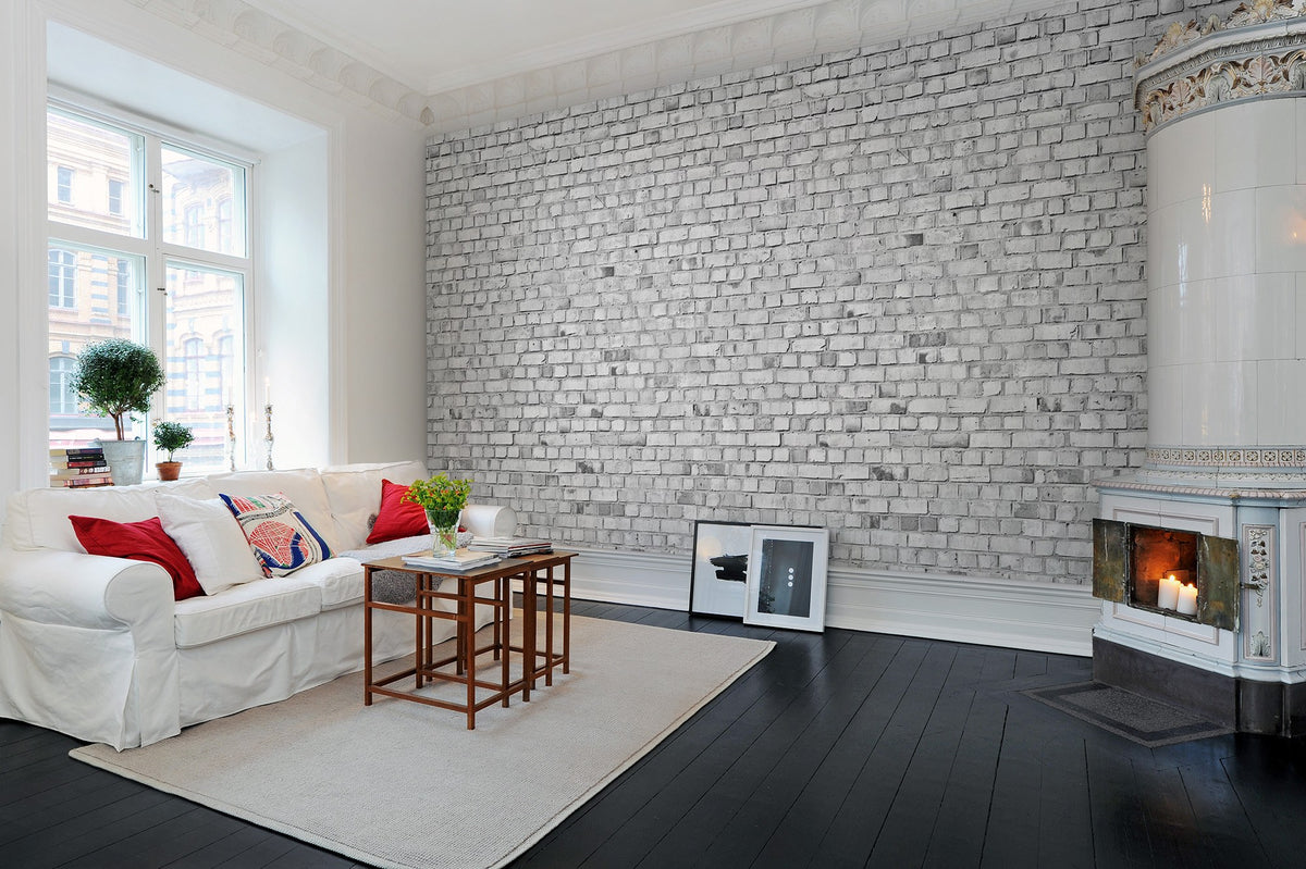 R10963 Brick Wall White Panorama Mural by Rebel Walls