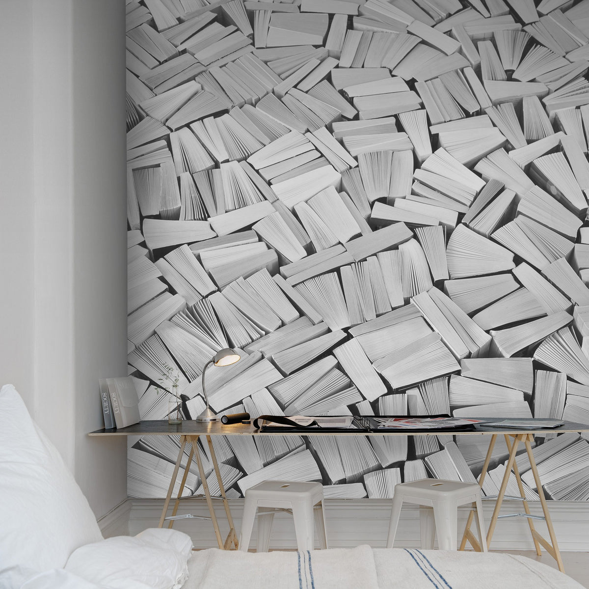 R11513 Books White Panorama Mural by Rebel Walls