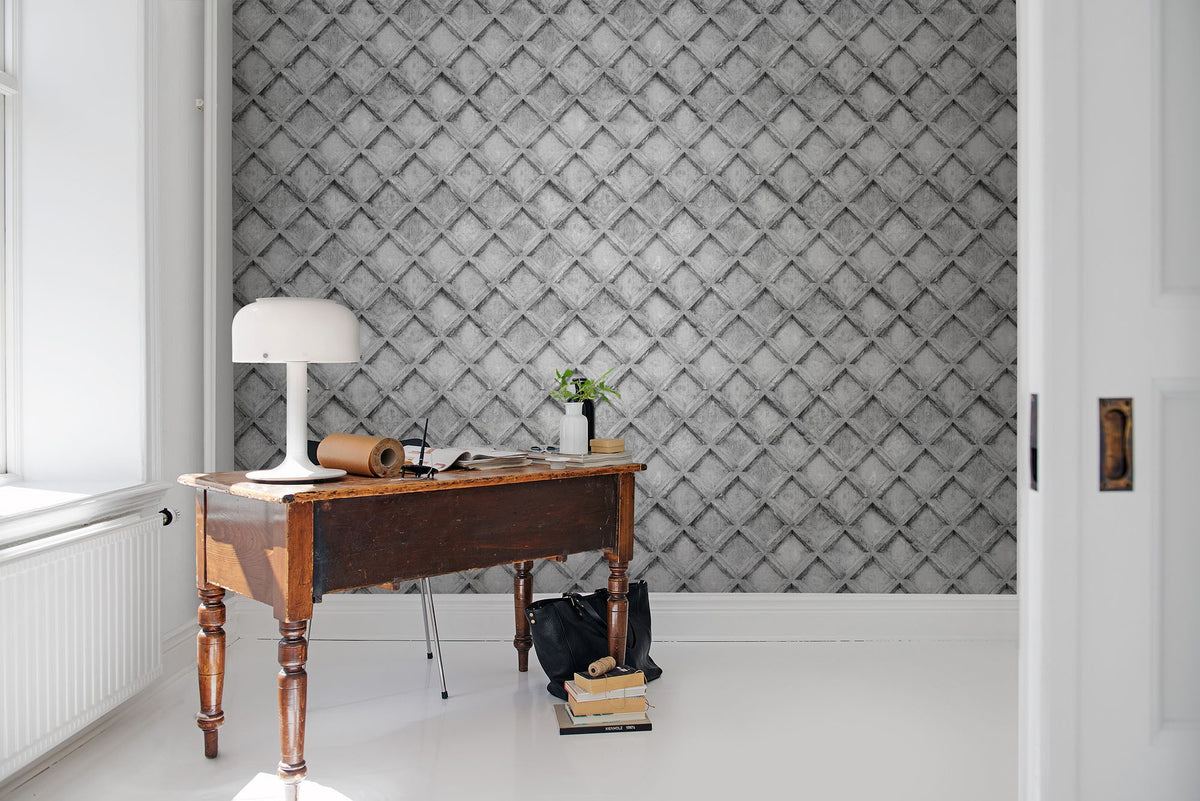 R12782 Concrete Trellis Gray Frontage Mural by Rebel Walls