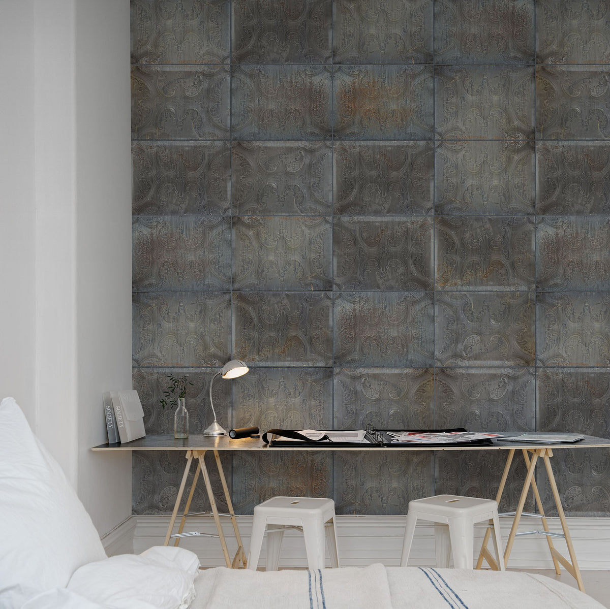R12852 Tin Plates Black Frontage Mural by Rebel Walls