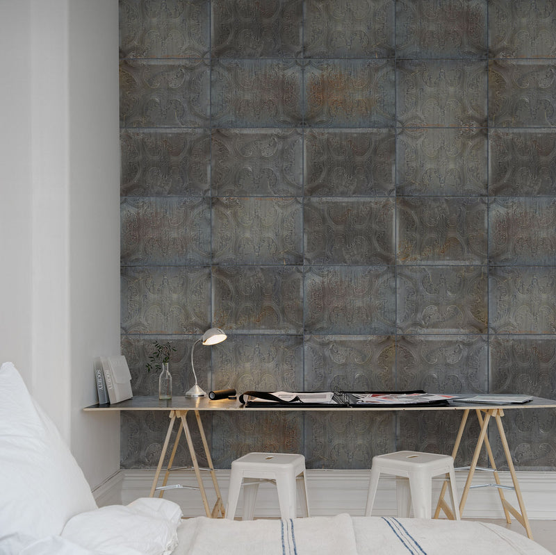 R12852 Tin Plates Black Frontage Mural by Rebel Walls