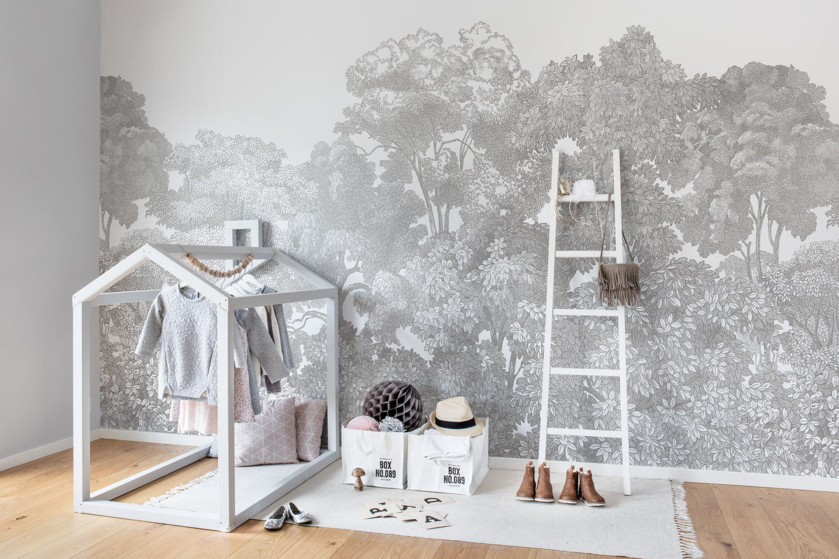 R13054 Bellewood Gray Toile Greenhouse Mural by Rebel Walls