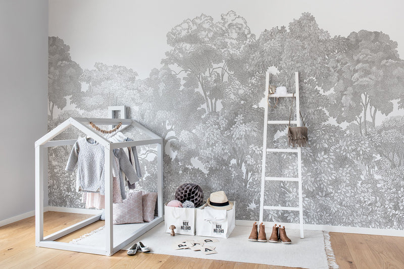 R13054 Bellewood Gray Toile Greenhouse Mural by Rebel Walls