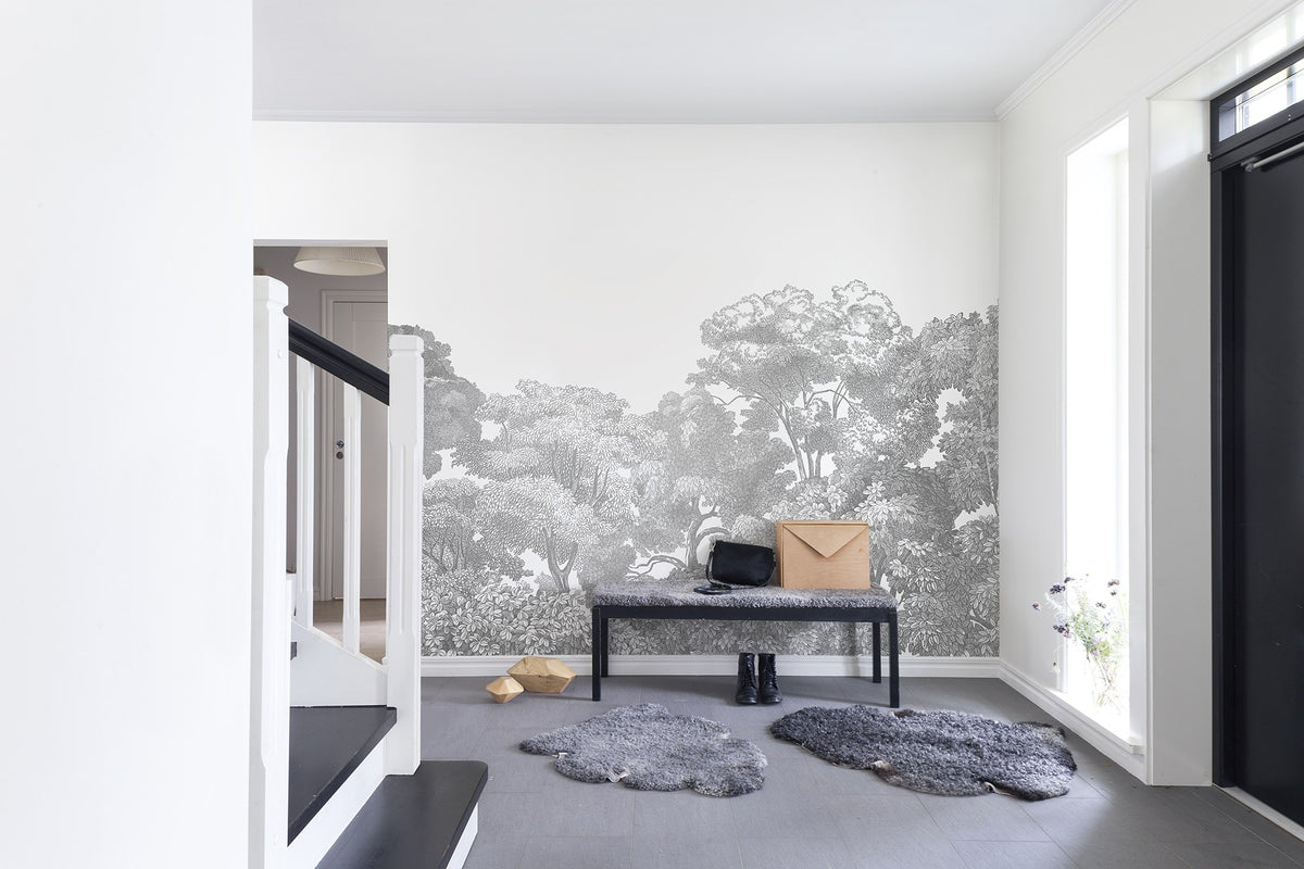 R13054 Bellewood Gray Toile Greenhouse Mural by Rebel Walls