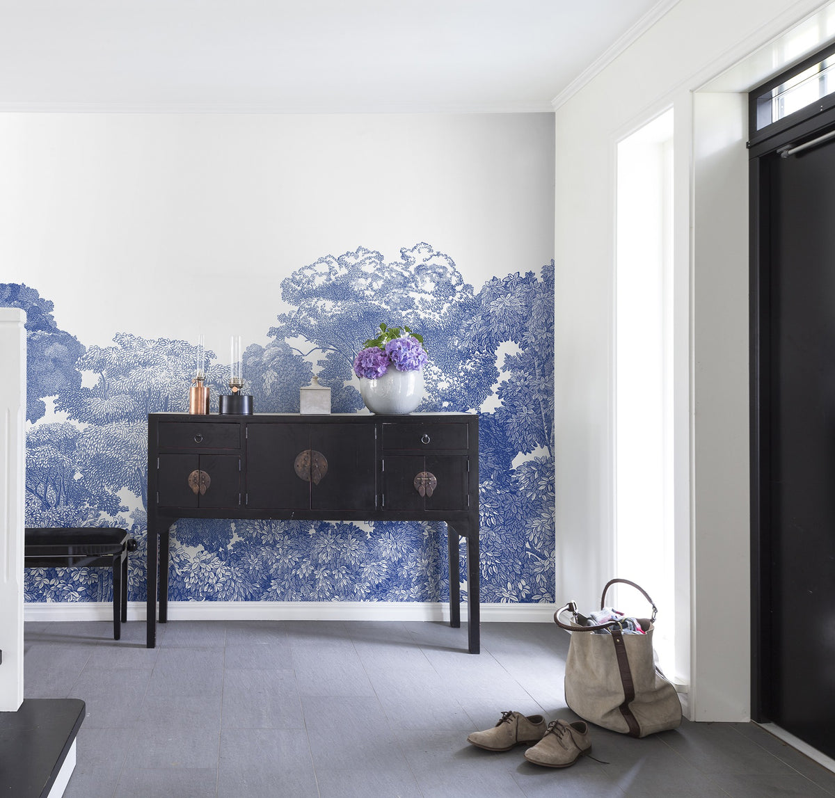 R13055 Bellewood Porcelain Toile Greenhouse Mural by Rebel Walls