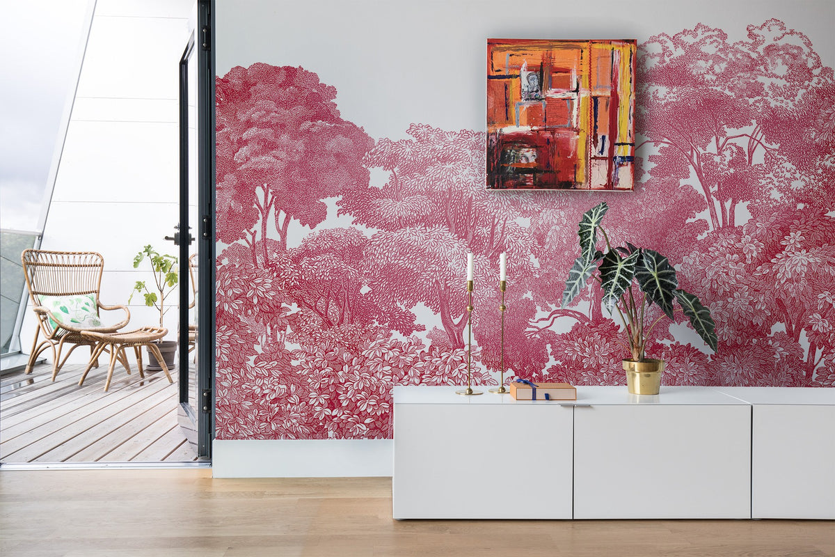 R13056 Bellewood Crimson Toile Greenhouse Mural by Rebel Walls