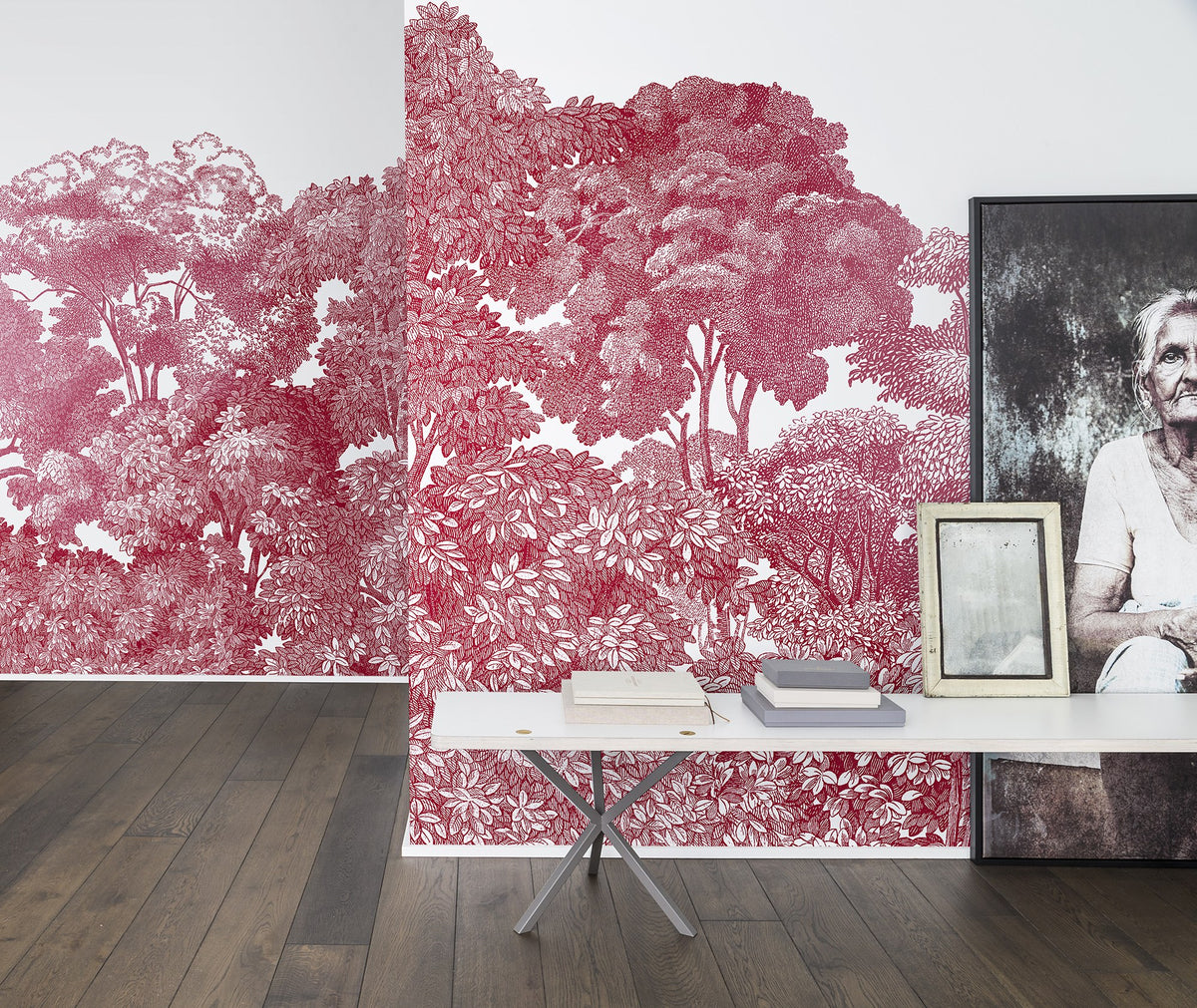 R13056 Bellewood Crimson Toile Greenhouse Mural by Rebel Walls