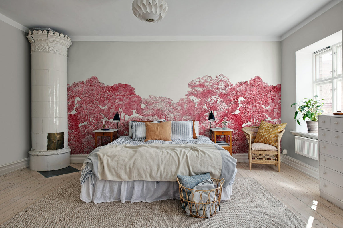 R13056 Bellewood Crimson Toile Greenhouse Mural by Rebel Walls