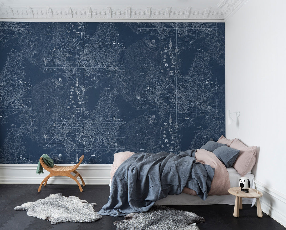 R13862 Treasure Hunt Midnight Maps Mural by Rebel Walls