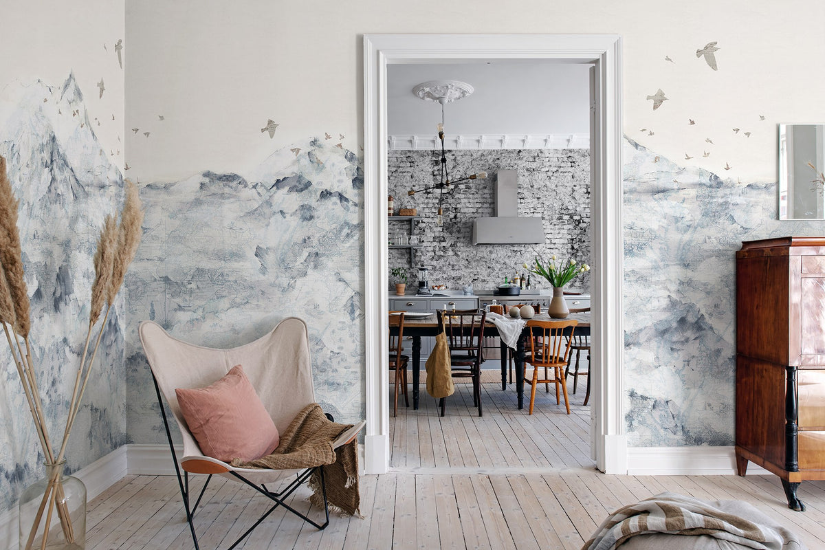 R13872 Paper Mountains Blue Maps Mural by Rebel Walls