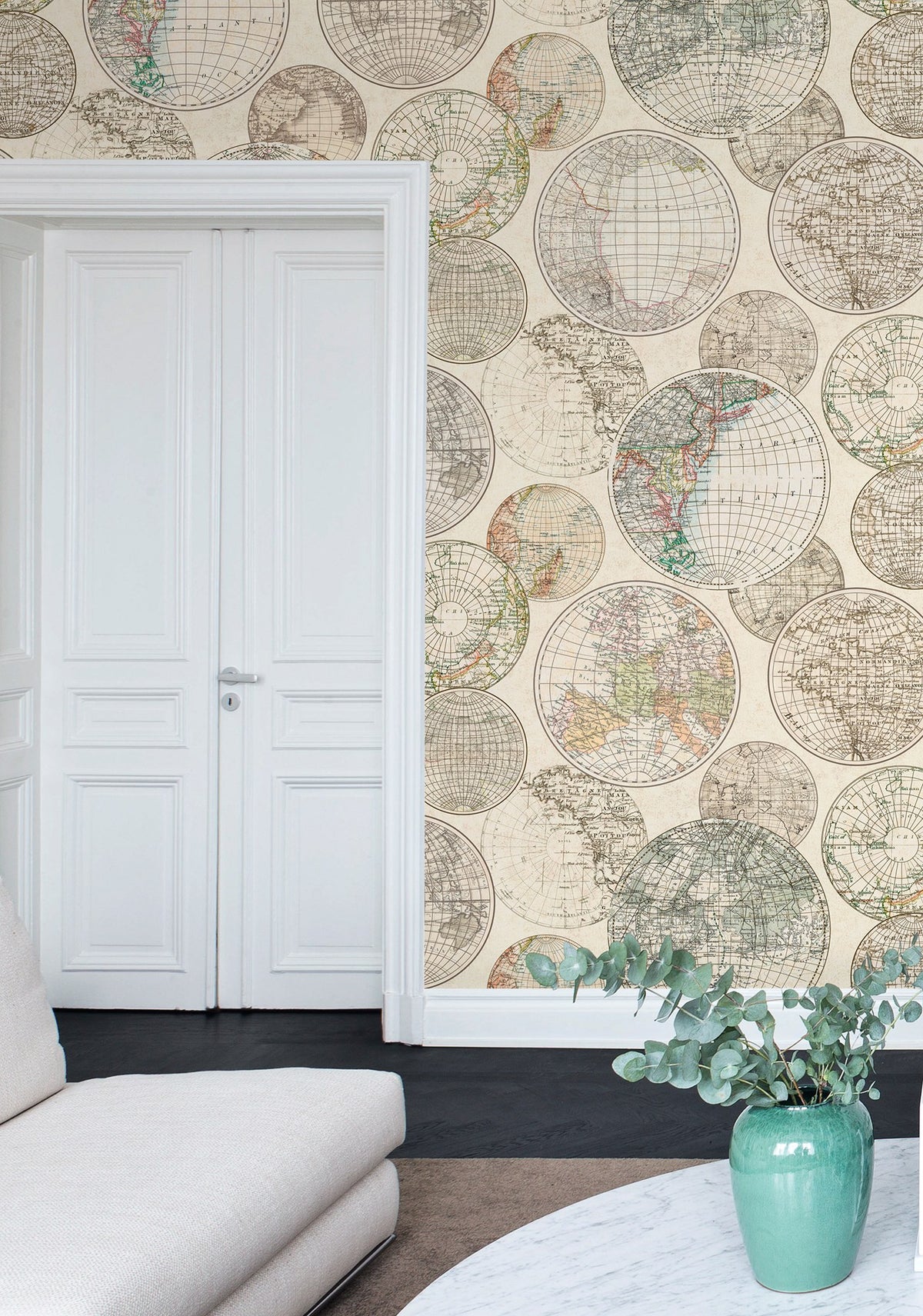 R13881 Globes Gathering Maps Mural by Rebel Walls