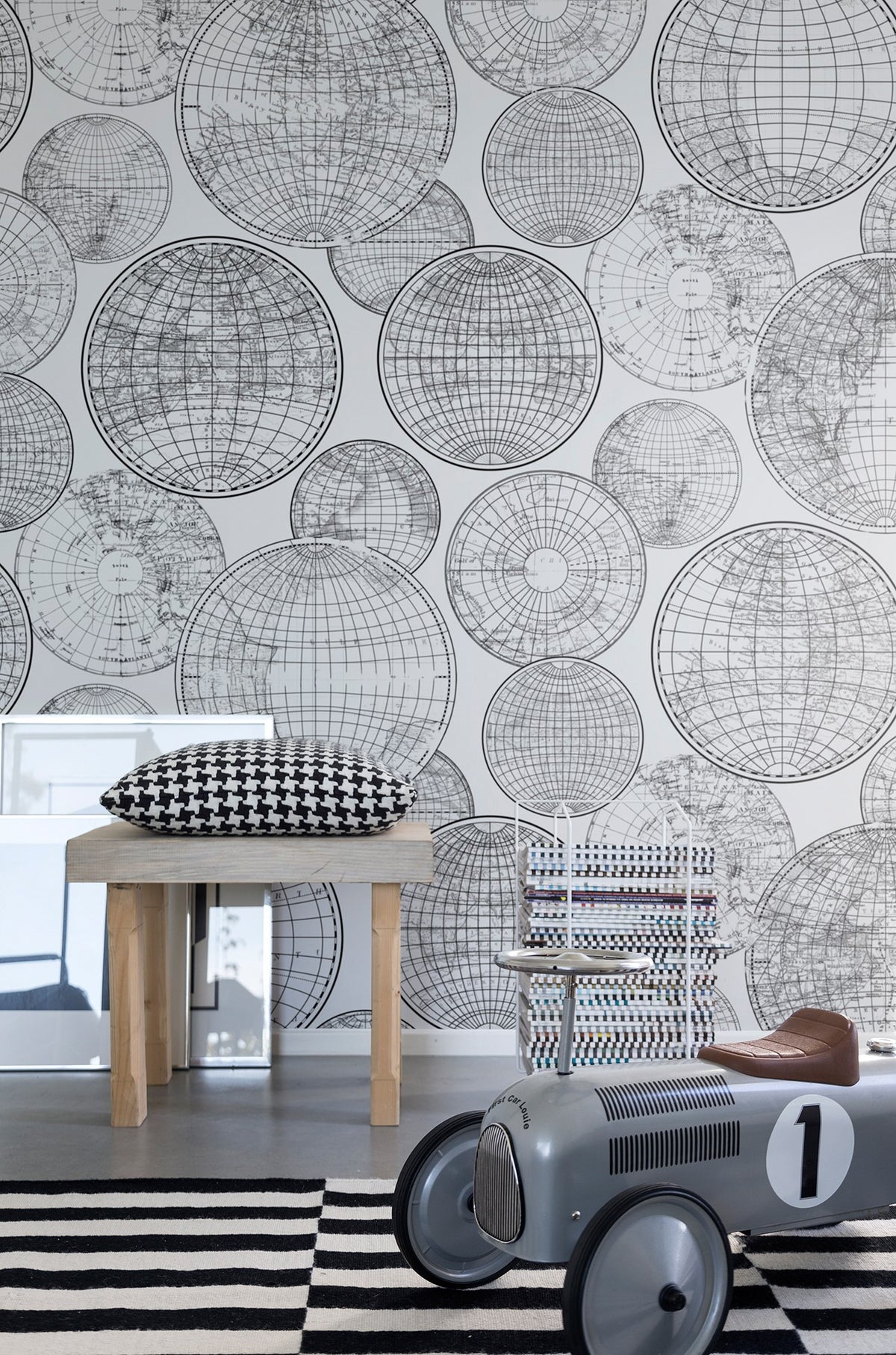 R13882 Globes Gathering Black and White Maps Mural by Rebel Walls
