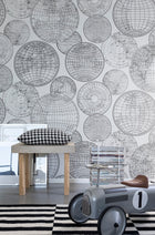 R13882 Globes Gathering Black and White Maps Mural by Rebel Walls