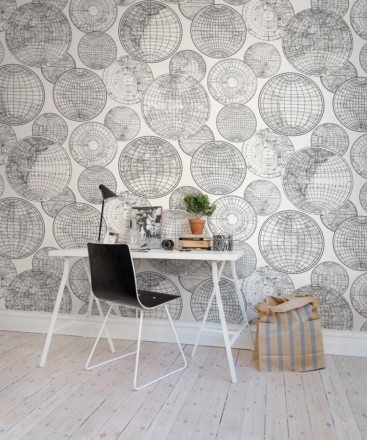 R13882 Globes Gathering Black and White Maps Mural by Rebel Walls