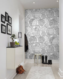 R13882 Globes Gathering Black and White Maps Mural by Rebel Walls