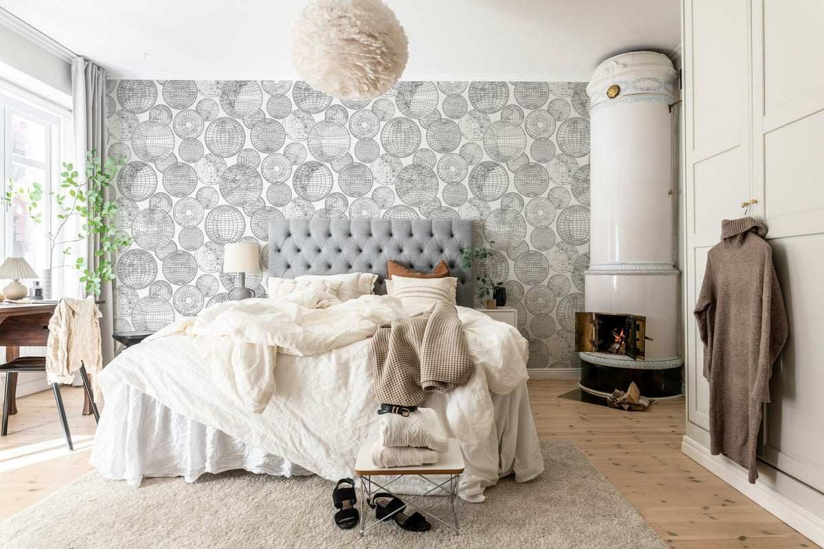 R13882 Globes Gathering Black and White Maps Mural by Rebel Walls