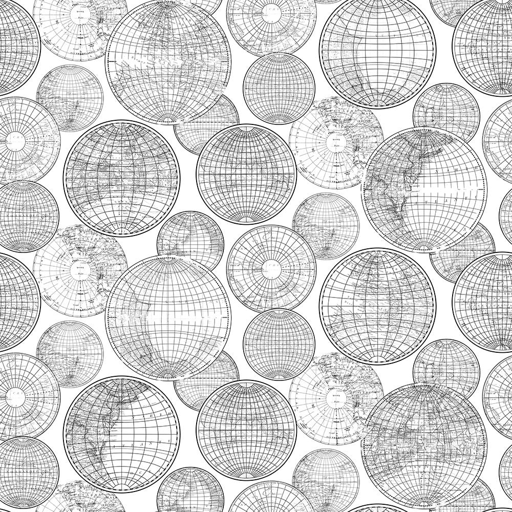 R13882 Globes Gathering Black and White Maps Mural by Rebel Walls
