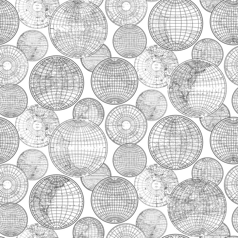 R13882 Globes Gathering Black and White Maps Mural by Rebel Walls