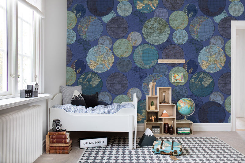 R13883 Globes Gathering Blue Palette Mural by Rebel Walls